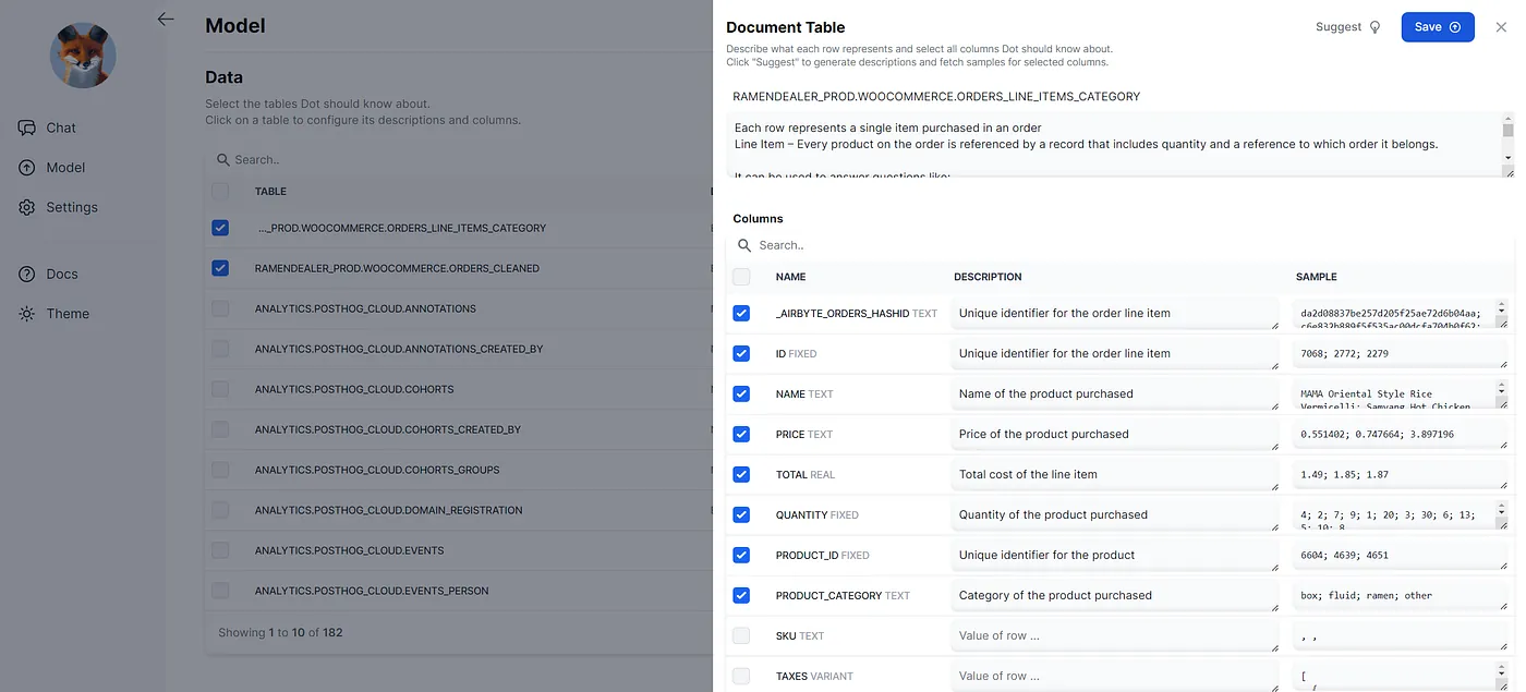 Example of data governance in Dot, selecting tables, explores, fields, syncing documentations