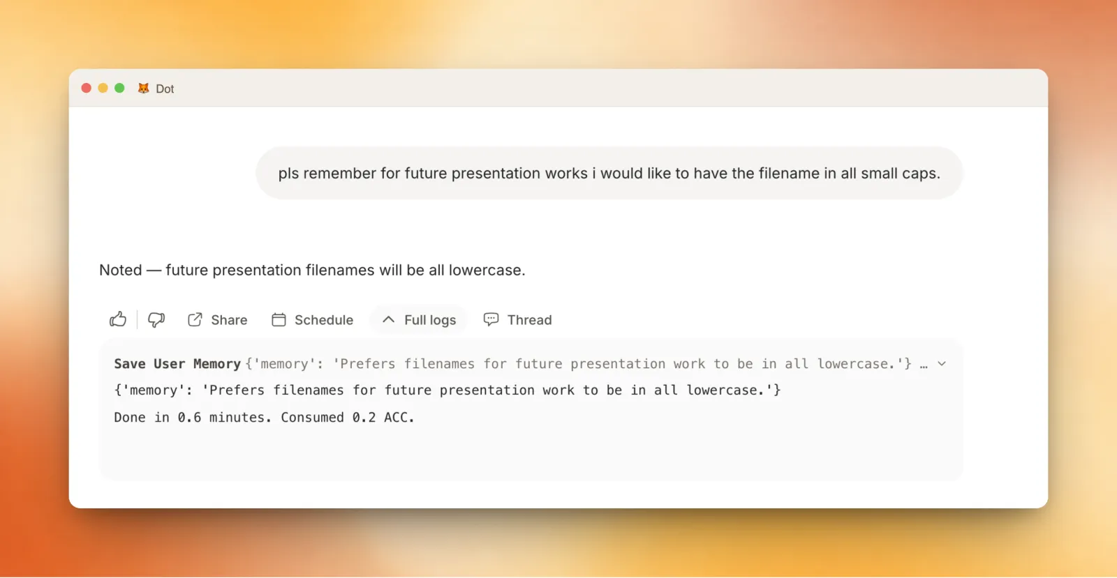 Dot saving a user preference to memory
