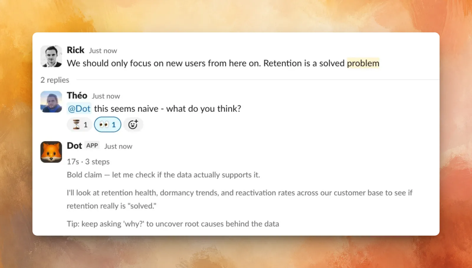 Spot-checking a colleague's claim with Dot in a Slack thread