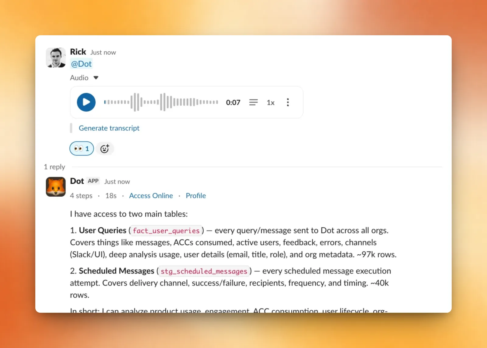 Sending Dot a voice note in Slack