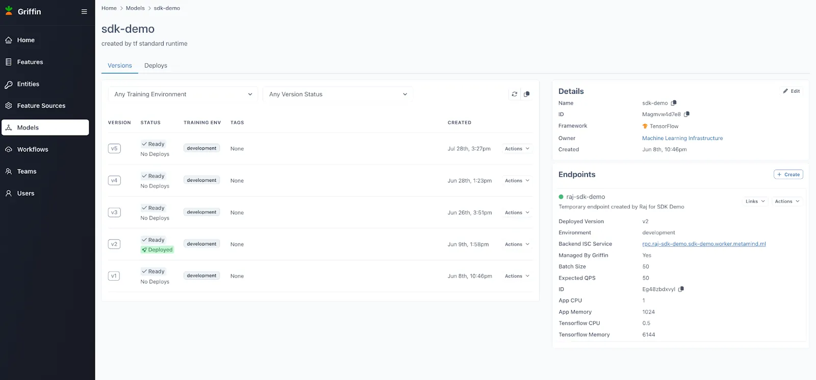 Griffin 2.0 UI showing workflow management