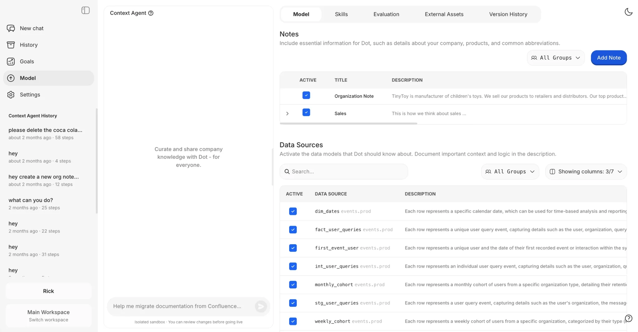 The Dot Model workspace: the Context Agent chat panel on the left, and organization notes and the list of active data sources with their descriptions on the right