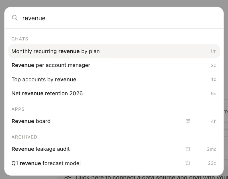 Chat search palette matching chats, apps, and archived conversations for the query revenue