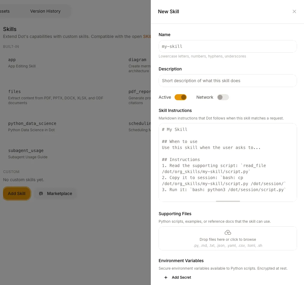 Skills settings page with New Skill modal showing name, instructions, supporting files, and environment variables
