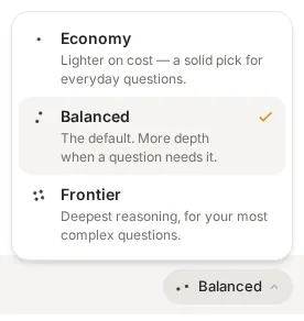 Energy Mode picker with Economy, Balanced and Frontier tiers above the ask box