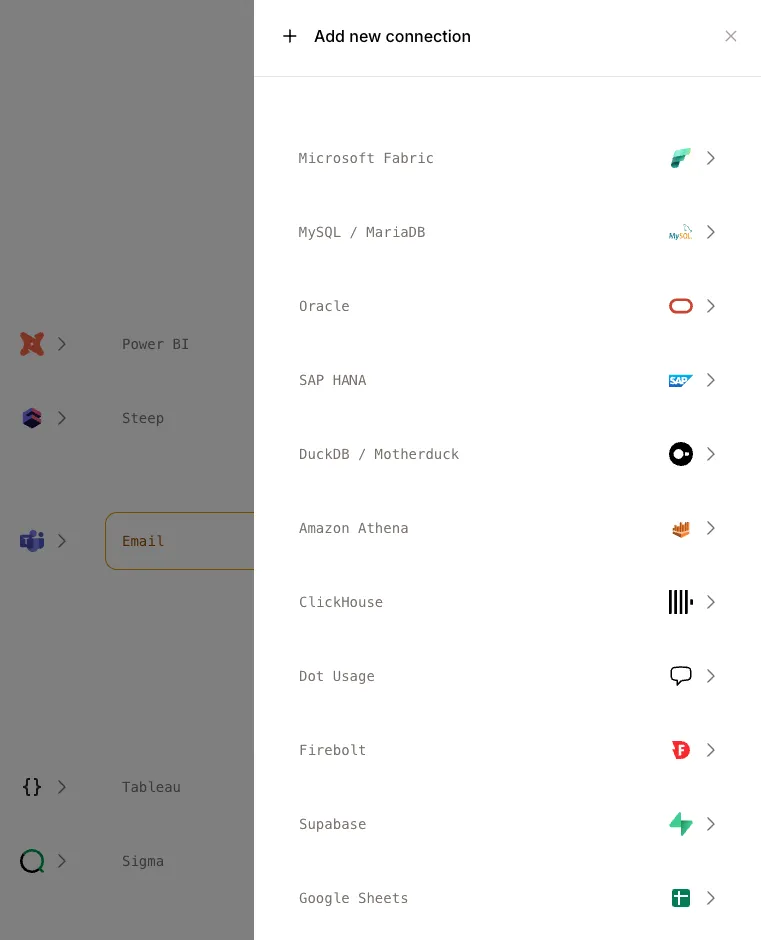 Add new connection dialog showing Oracle, Google Sheets, and other connectors