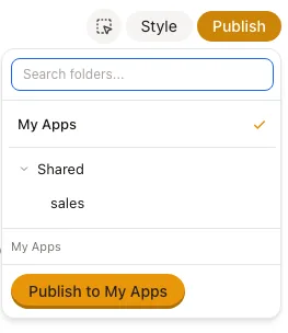Publish popover with a folder picker and Publish to My Apps button