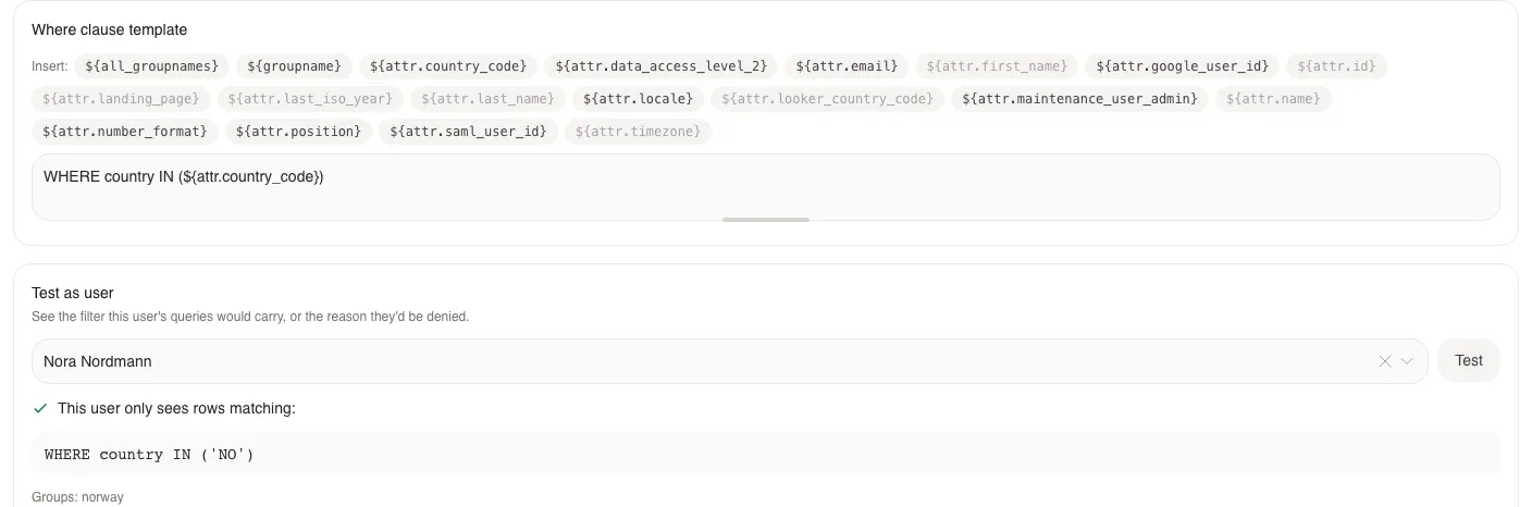 Row Level Permissions rule using a user attribute, with a Test as user preview showing the filter a specific person would get