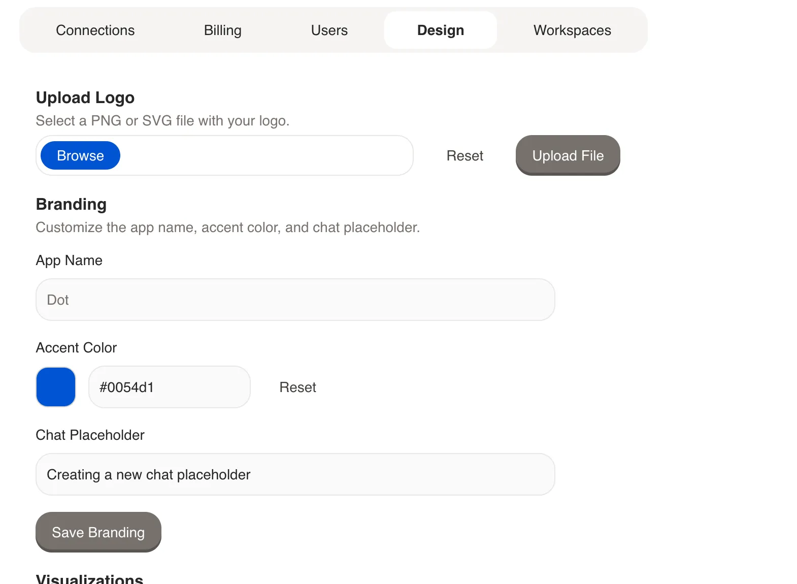 Settings Design tab showing logo upload, accent color picker, app name, and chat placeholder fields
